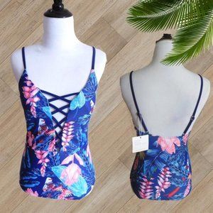BLUE TROPICAL PRINT CRISSCROSS FRONT ONE PIECE SWIMSUIT